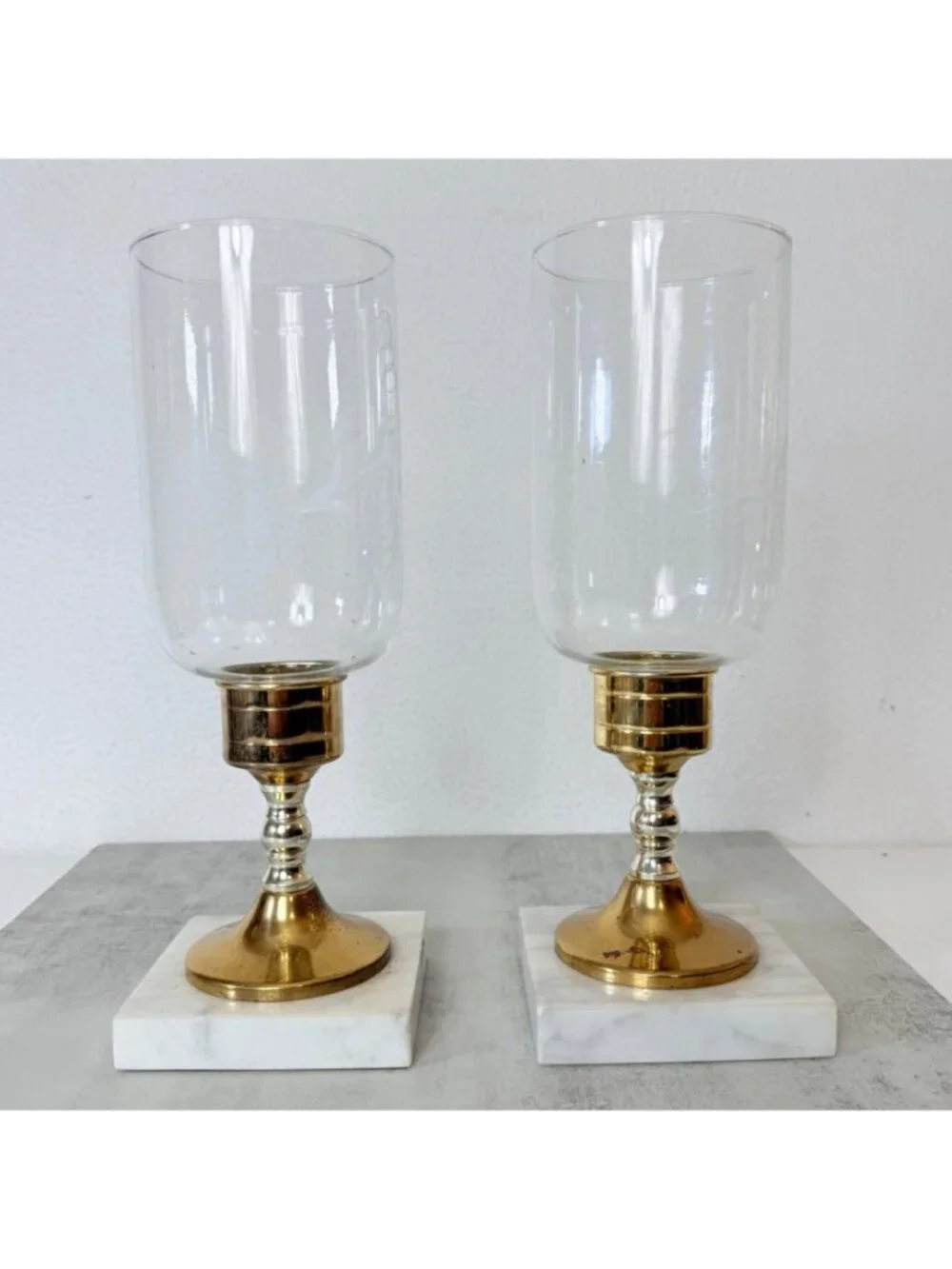Vintage Italian Hurricane Candle Holder Set of 2 Brass Marble Etched Glass Pair